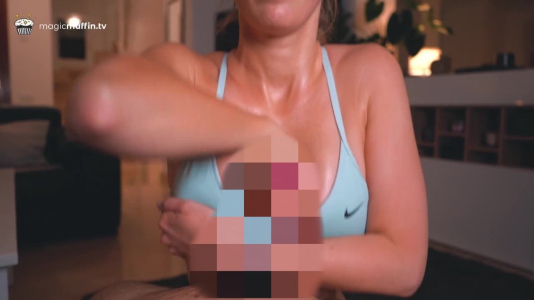 Ultra-hot sweaty fitness girl in sports bra gets your cum with her big tits!
