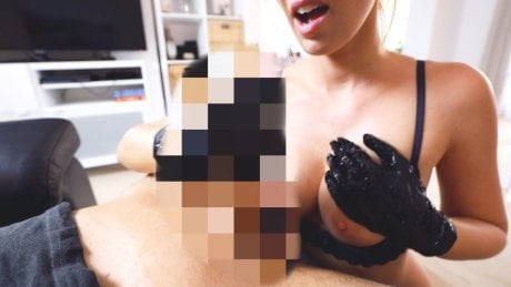 Teasing handjob with black wetlook gloves