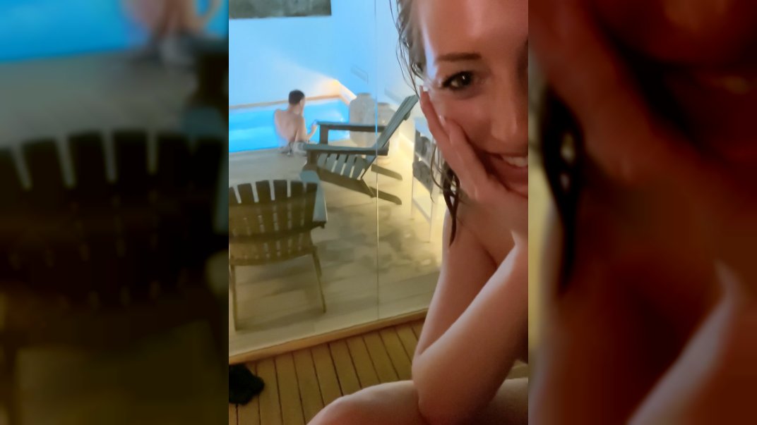 Public orgasm in the sauna! Wet pussy fingered
