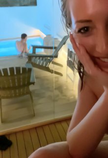Public orgasm in the sauna! Wet pussy fingered